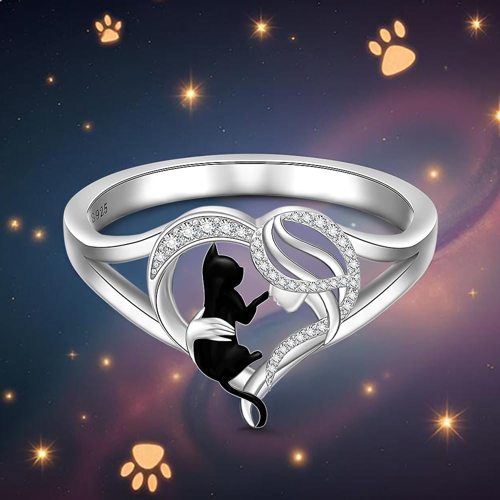 Fenthring Cat Ring Sterling Silver Heart Cat Rings for Women Animal Remembrance Christmas Gifts for Loss Lover Jewelry Size 7 8 9 - Image 7