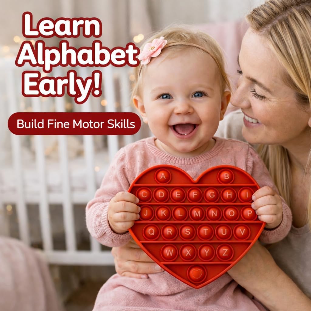 Fidget Sensory Toy for Girls Toddlers, Alphabet Embossed Red Heart Pop Bubble, Calming & Educational Toy for Focus and Fine Motor Skills, Autism & ADHD Support. Valentines, Xmas, Birthday Party Gift