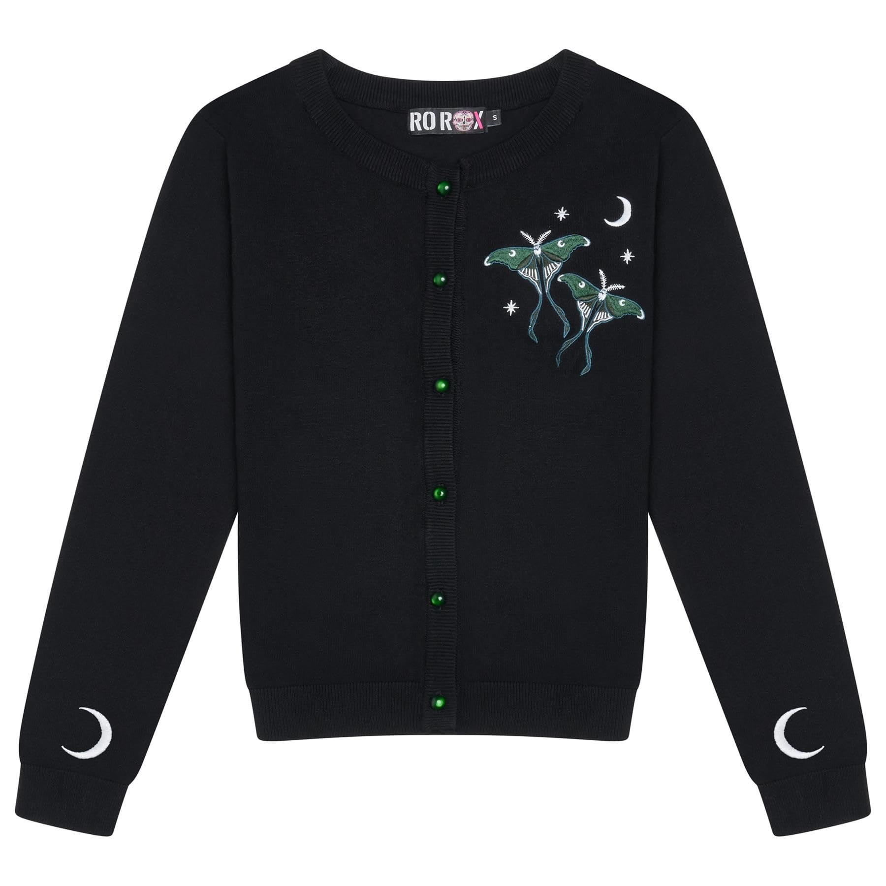 Ro Rox Luna Moth Cardigan - Goth Knitwear, Moon and Moth Embroidery, Long Sleeve, Black, 3XL