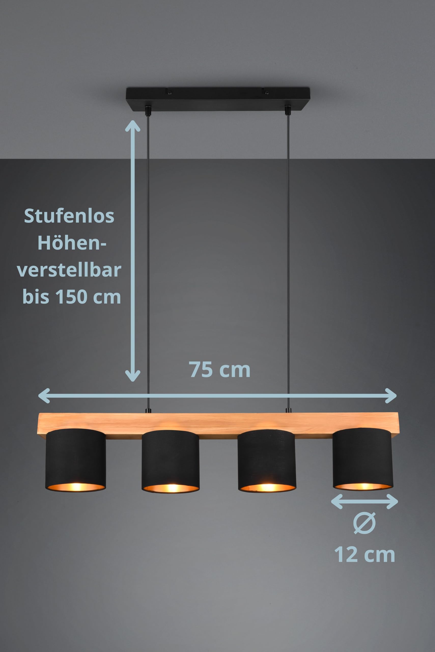 Cameron Pendelleuchte, 4-flammige Hängelampe, Schirm aus Stoff in schwarz gold, Korpus aus Holz, Hängeleuchte Esstisch, Höhe: verstellbar bis 150 cm, Breite: 75 cm, exkl. 4 x E14 max. 28W
