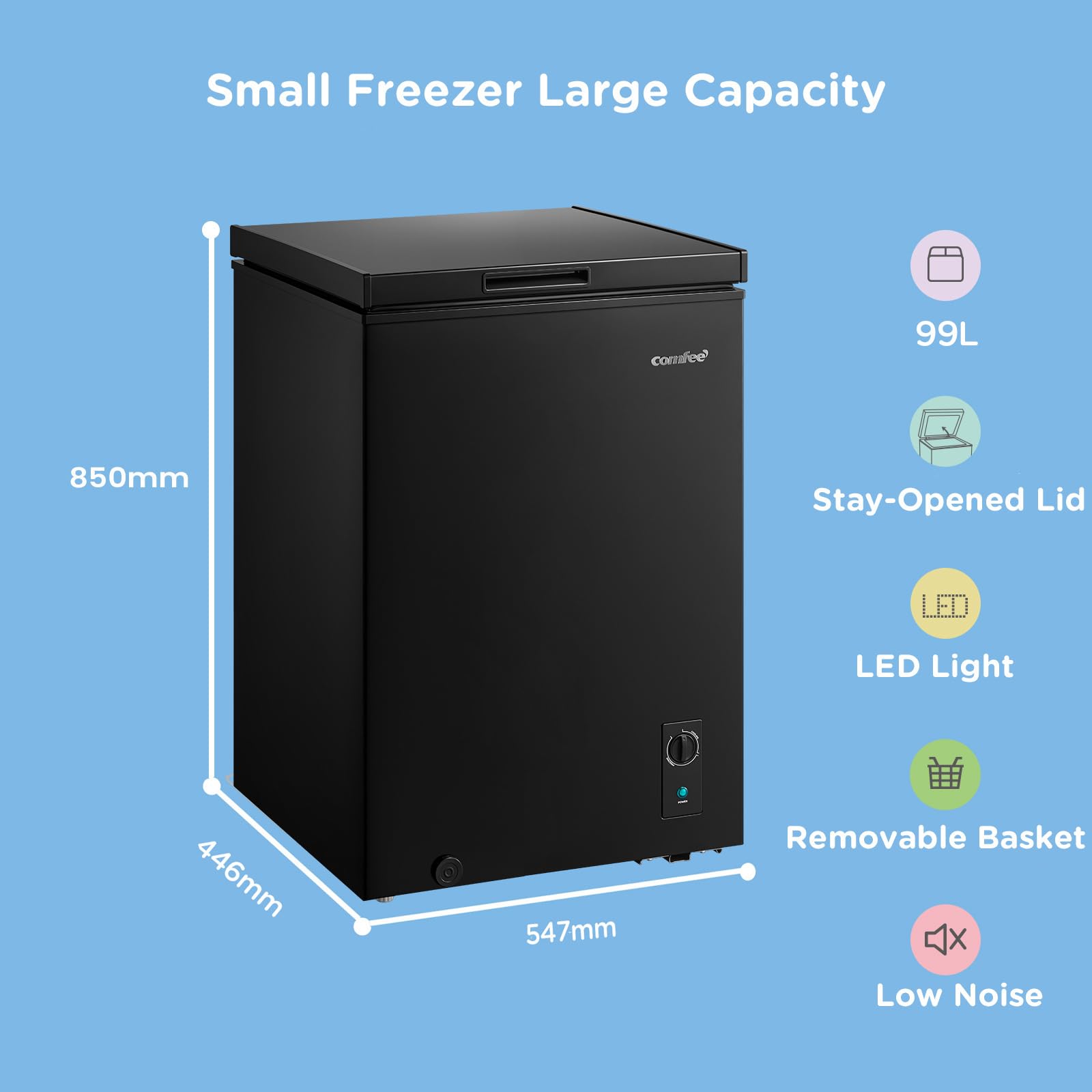COMFEE' COMFEE' RCC102BL2UK(E) 99L Freestanding Chest Freezer, Refrigeration and Freezer Conversion, Inverter Compressor, 4 Star Freezer Rating, Quiet 38dB, Suitable for Outbuildings & Garages, Black in use