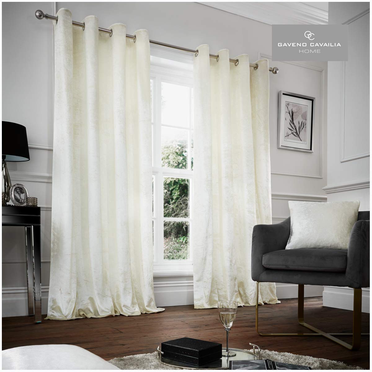 Gaveno Cavailia Solid Velvet Eyelet Curtains Cream, 100% Polyester Luxury Ring Top Drapery with Matching Tie Backs, Two 66"x72" Glamorous Panels, Easy Care Window Treatment