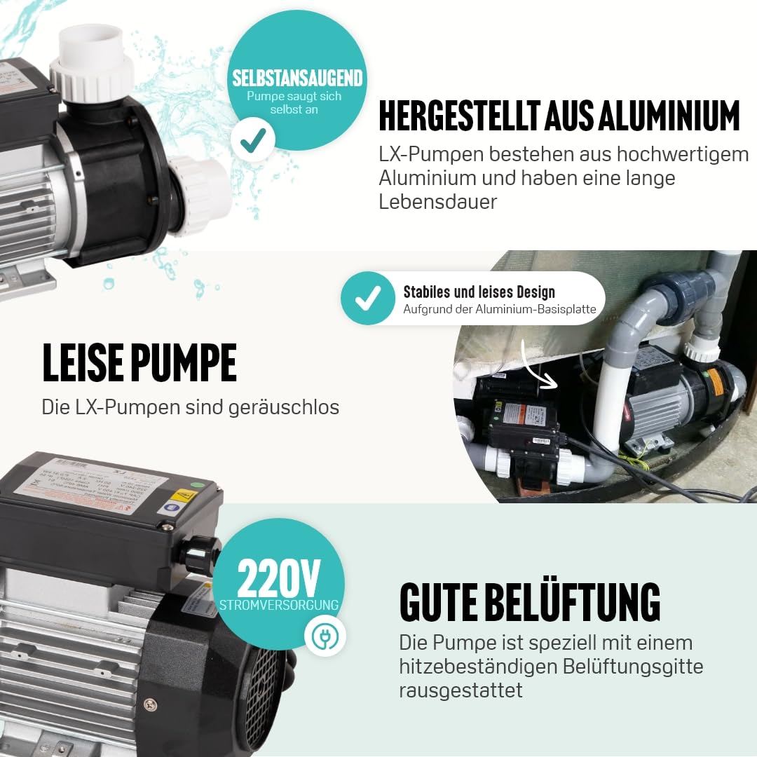 LIVIN' Spa LX JA50 Poolpumpen- Whirlpool Zirkulationspumpe 0.37 Kw/ 0.5 HP Spa Pumpe- Pool Filterpumpe 180 L/Min Poolpumpe Über Dem Boden - Wasserkreislaufpumpe Mit 230 V/ 50 Hz & Kein Lärm