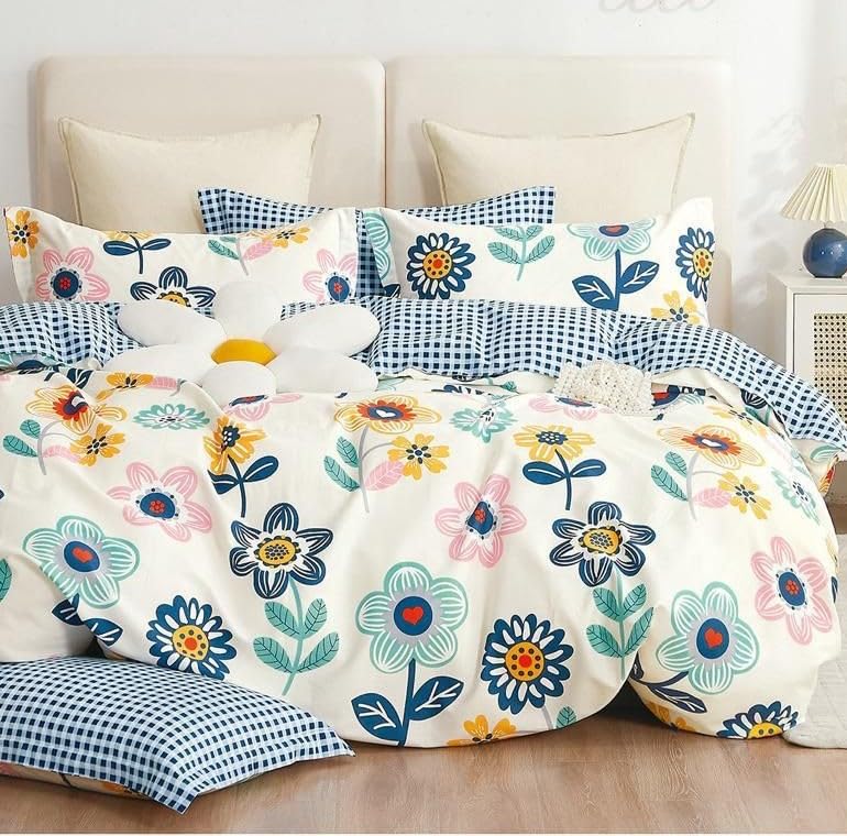 Image of DECOMIZER Super Soft Glace Cotton King Size AC Comforter II Blanket II Duvet for Double Bed with 1 Flat Bedsheet and 2 Pillow Cover - 4 Piece Comforter Set - Blue Sunflower