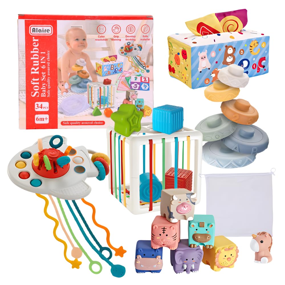 Set Montessori Bebé 6 en 1 – Juguetes Sensoriales y Educativos: Bloques Suaves, Apilables, Caja de Pañuelos y Formas | 34 Piezas | Regalo 6-36 Meses Niño-Niña