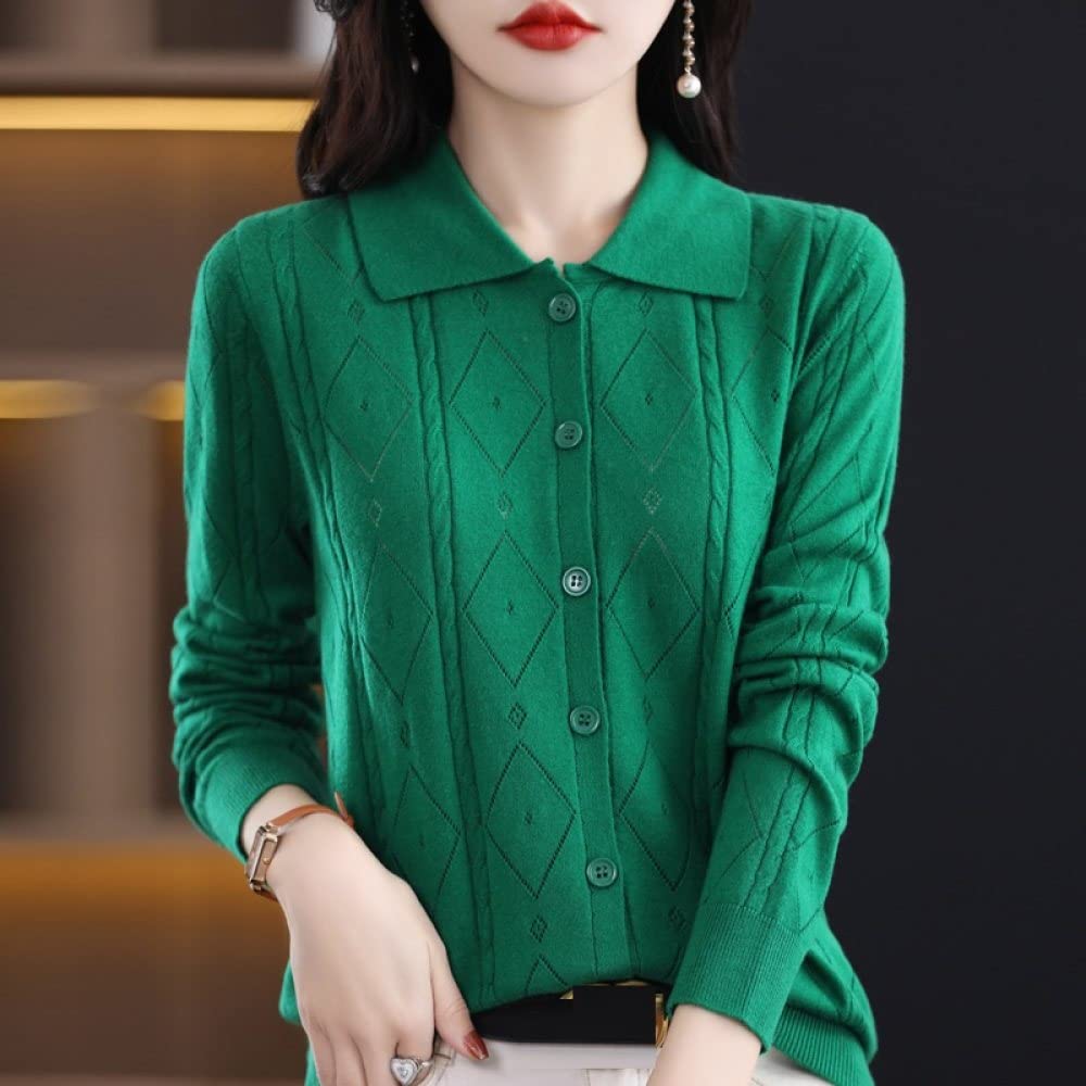 Cárdigan de Mujer Cárdigan de Punto para Mujer Abrigo Verde Oscuro Rombo Jacquard Suéteres Cárdigan de Manga Larga Cárdigan Abierto con Botones Chaqueta de Punto Suave Y Ajustada para Uso Diario
