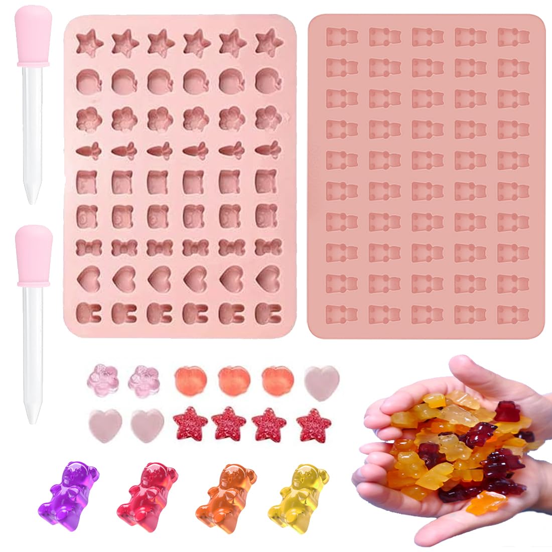 HONGECB Moules à Bonbons En Silicone - Moules à Ours, Dessins Animés, Coeurs Et Mini Moules à Chocolat Avec Gouttes - Rose, Lot De 2
