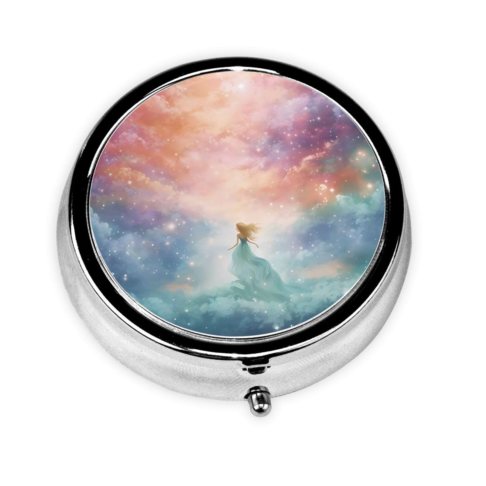Cute 3-Compartments Round Pill Box Fantasy Paradise Space Small Pill Case Portable Medicine Dispenser,for Pocket Purse