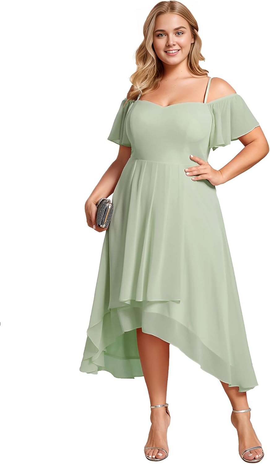 Ever-Pretty Women's Plus Size Ruffle Sleeves Off Shoulder Empire Waist A Line Chiffon Wedding Guest Dress 02103-DA