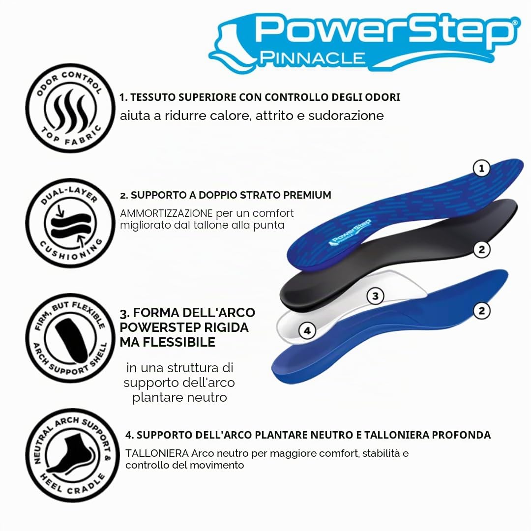 PowerStep Pinnacle - Solette ortopediche per sollievo dalla fascite plantare, prodotte negli Stati Uniti, plantari per supporto dell'arco plantare con pronazione moderata, raccomandate dal podologo n