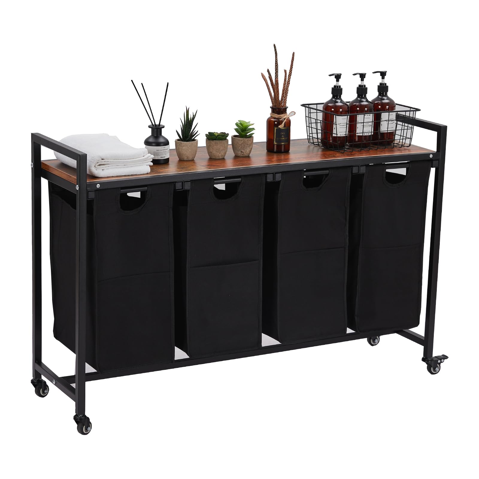 PioneerWorks Laundry Hamper, Laundry Basket Organizer Laundry Sorter with 4 Pull-Out and Removable Bags, Wheels and Top Shelf, Dirty Clothes Hamper for Laundry Room Bathroom Bedroom and Dorm