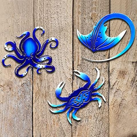 BVLFOOK Metal Wall Art Decor Octopus Crab Manta Ray Coastal Nautical Ocean Decor Concise 9'' Set of 3 Hanging Decorations for Bathroom Beach Indoor Outdoor Pool Home Bedroom Living Room Blue Cover