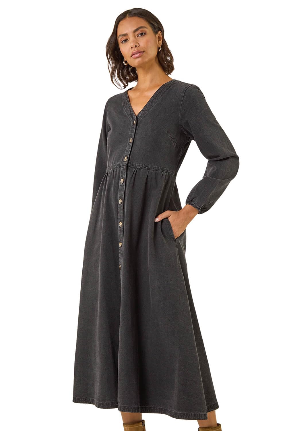 Roman Women's Black Denim Button Down Midi Dress Size 20