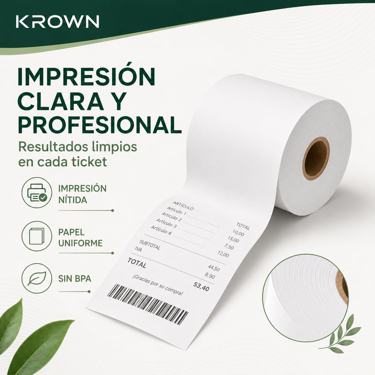 KROWN Rollo de Papel Térmico 80 x 80 x 12 mm Sin BPA – Papel para Tickets, Impresoras Térmicas, TPV, Cajas Registradoras, Básculas y Recibos (48)