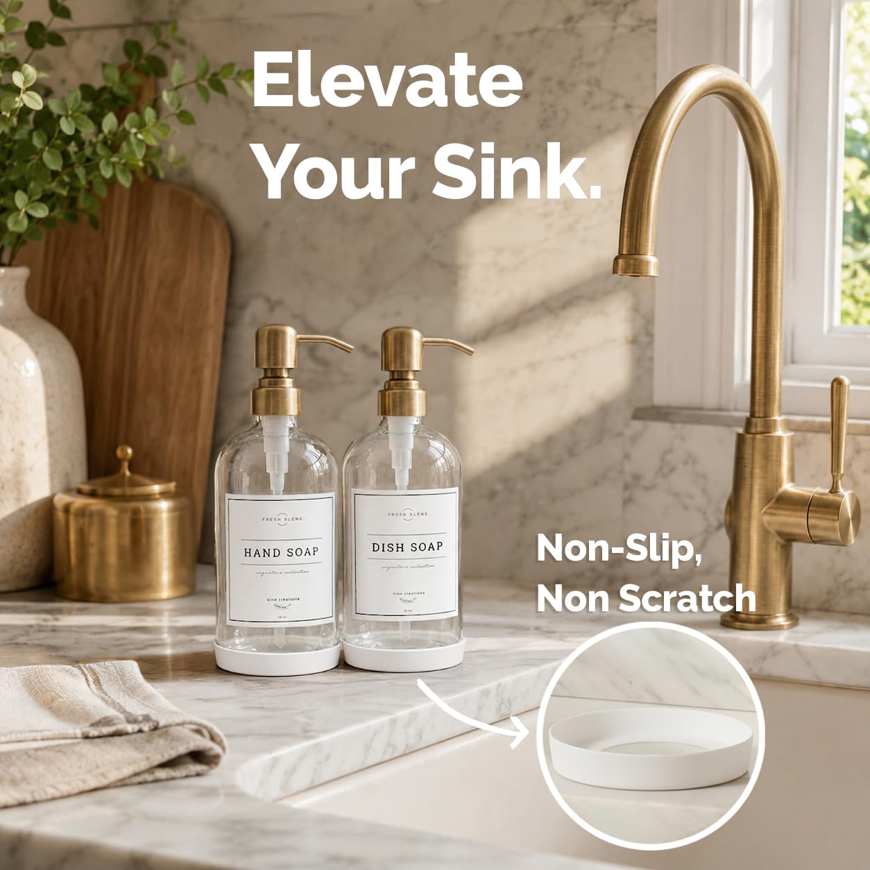 Vine Creations Dispenser di sapone in vetro trasparente, confezione da 2 dispenser di sapone da cucina con pompa in acciaio inossidabile, dispenser di sapone per le mani da 473,6 g, dispenser di