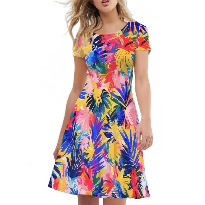 Image of Irisjudy T Shirt Dress for Women Short Sleeve Girls Short Sleeve Dress Plus Size, O Neck Knee Length Midi Dress for Ladies