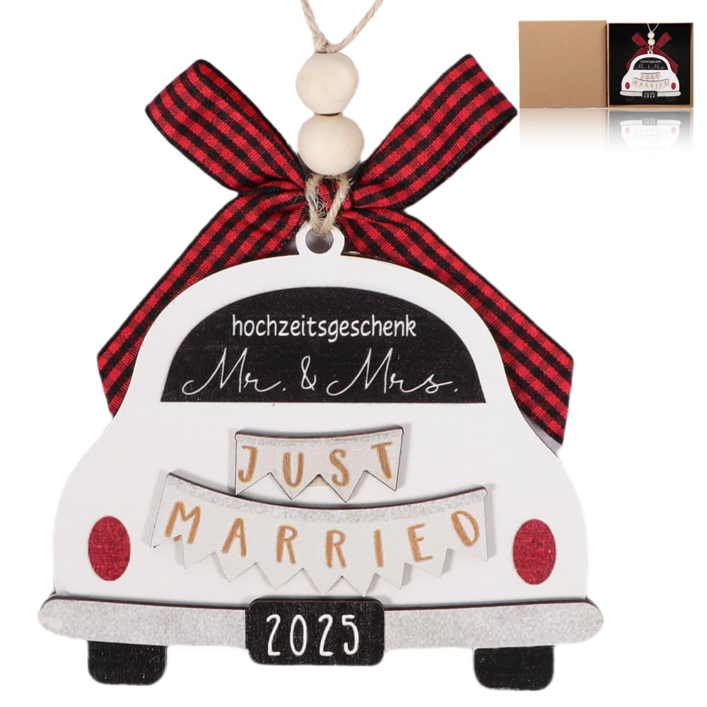 Just Married Ornament 2025 – 3D Holz-Deko Mit Gravur Für Brautpaare, Auto-Hängeornament In Blau