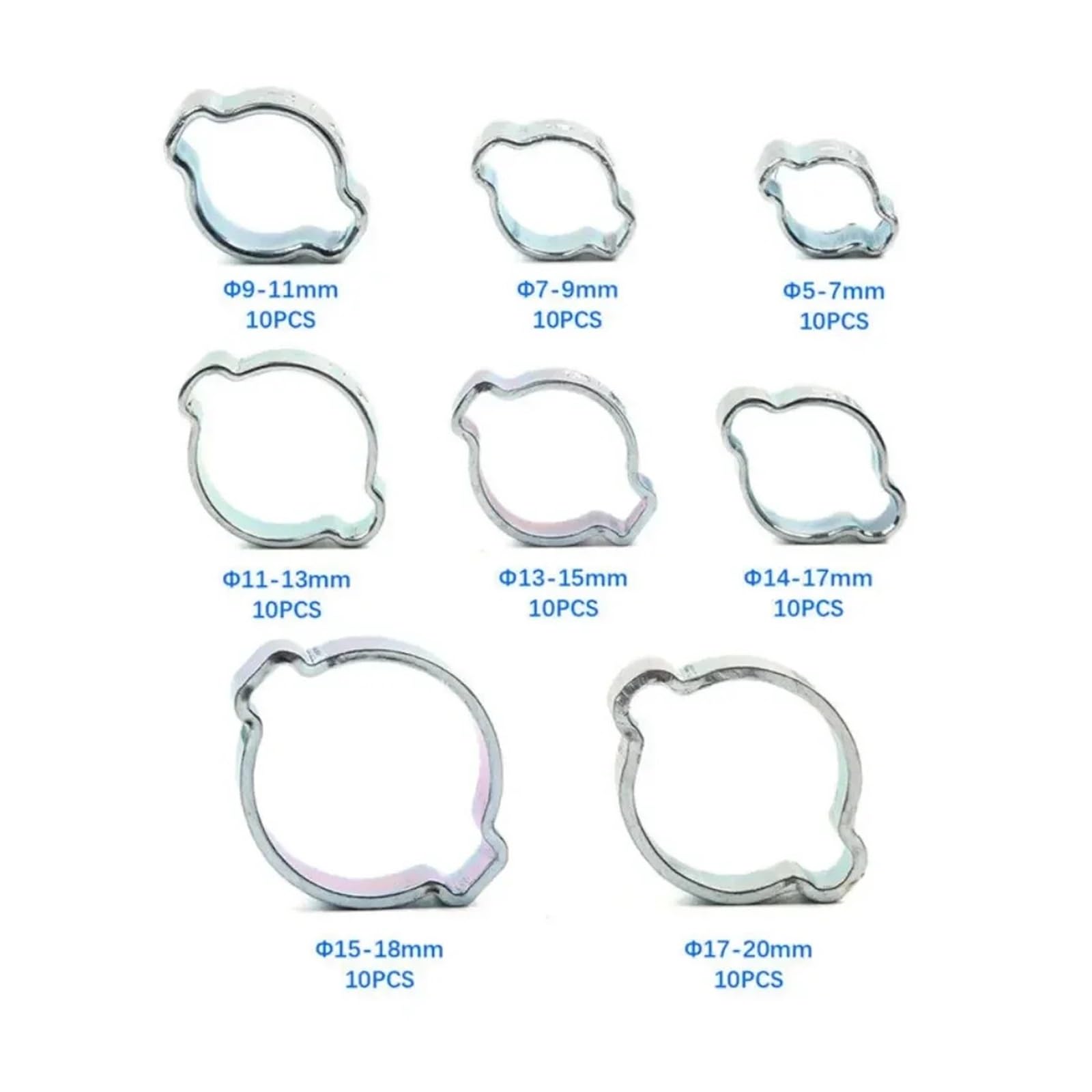 Abrazaderas de doble oreja 80 Uds 5-20mm abrazaderas de doble oreja O Clips-Crimp O-Clip aire silicona gasolina combustible manguera tubo acero galvanizado dos