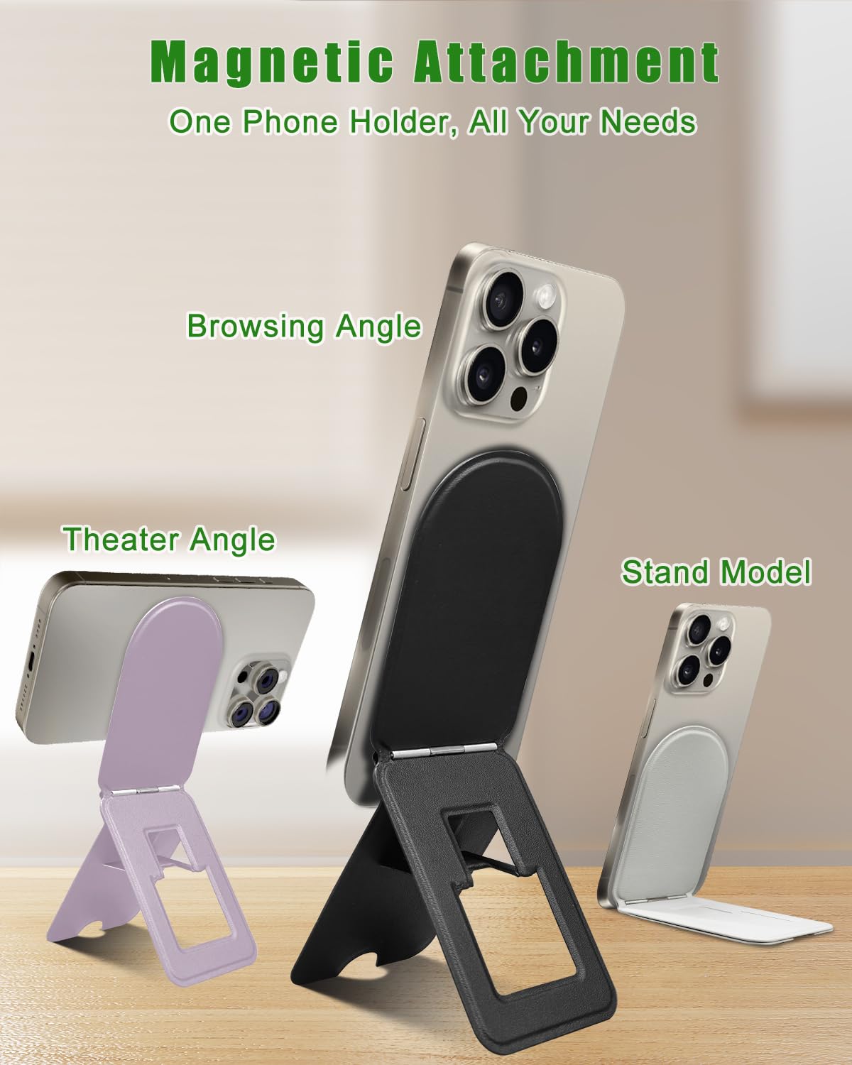 Soporte para Teléfono, Trípode Magnético para Teléfono, Cuero Ecológico y Resistente a Manchas, Ajuste de Ángulo y Trípode con Imanes Potentes - Púrpura (Anillo Metálico Incluido)