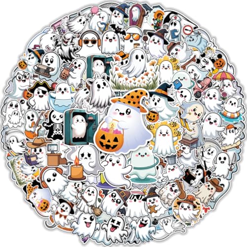 100PCS Cute Ghost Stickers Halloween Kawaii Ghost Vinyl Waterproof Stickers for Laptop Water Bottle Scrapbook Teens