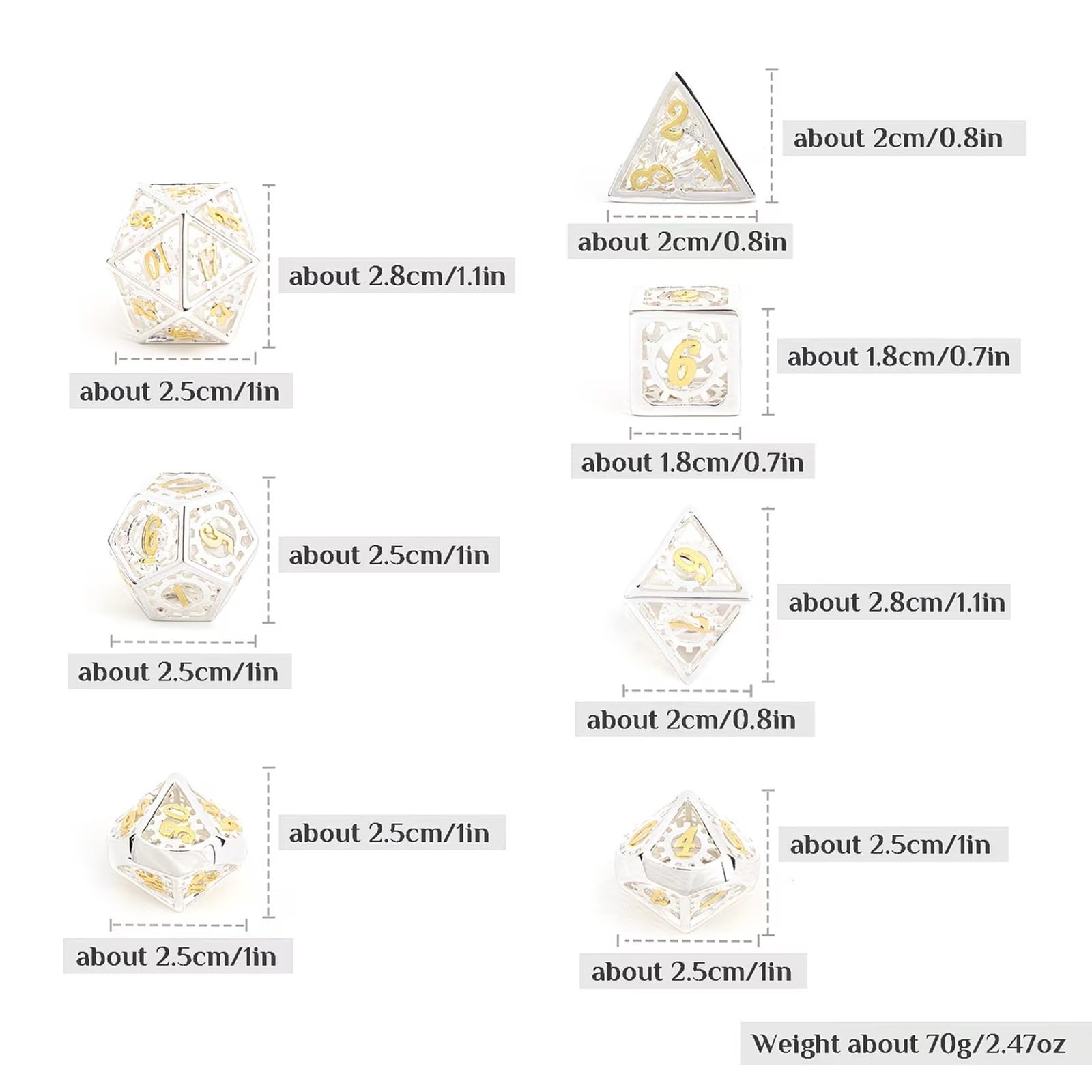Ensemble de 7 Dés en Métal Dentelés Blancs et Jaunes, Polyèdres Creux, Compatibles avec Les Jeux de Rôle Les Jeux de Plateau et Les Jeux de Cartes