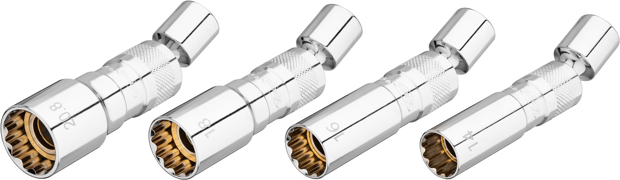 HAZET ViGOR Set di chiavi per candele V7002/4, 4 pezzi, 3/8 di pollice quadrato, profilo esterno a doppio esagono, misure 14-20,8 mm, snodi sferici per punti difficili da raggiungere, magnetico