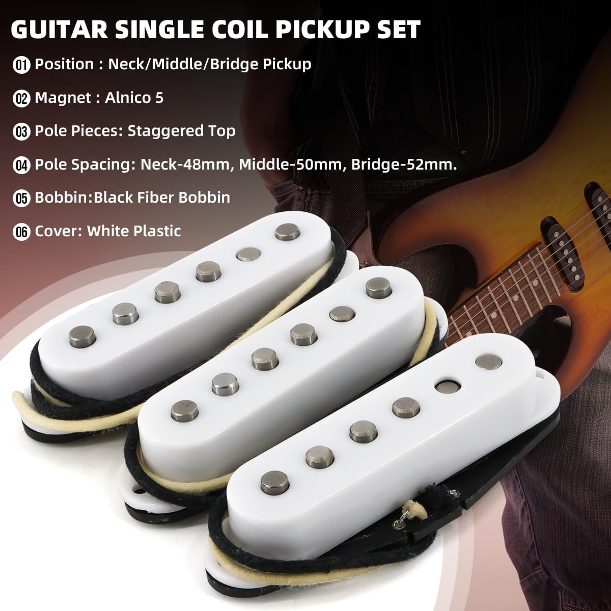 Single Coil Pickup Alnico 5 Neck/Middle/Bridge Pickups for Strat Electric Guitar Replacement Part (White)
