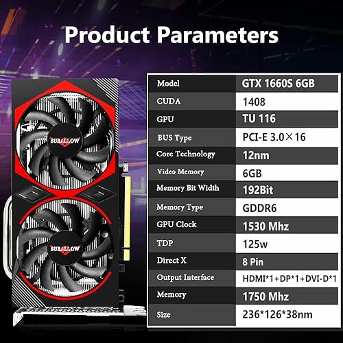 Miniatura 2 de Tarjeta gráfica Gaming GTX 1660 Super 6GB, GDRR6,192 bits, PCIE 3.0X16 Tarjeta gráfica de computadora para PC para juegos, tarjeta de video con