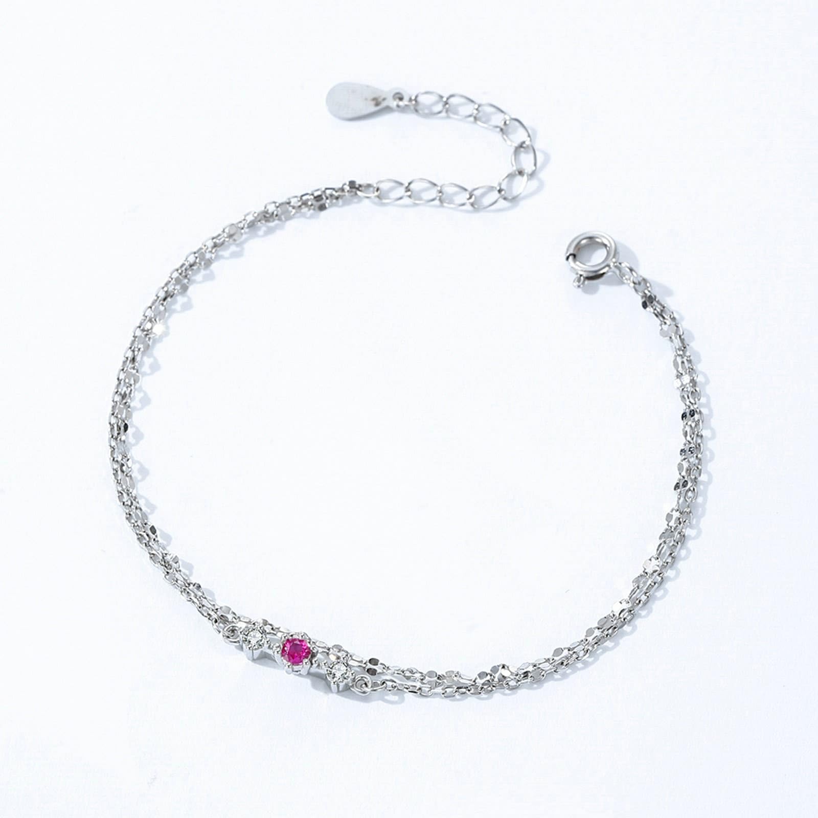 KnSam Pulsera de oro auténtico de 9 K/14 K/18 K para mujer, pulsera de eslabones de doble capa con turmalina rosa rojo, laboratorio creado en laboratorio, brazalete de diamante blanco y oro Au 375/585