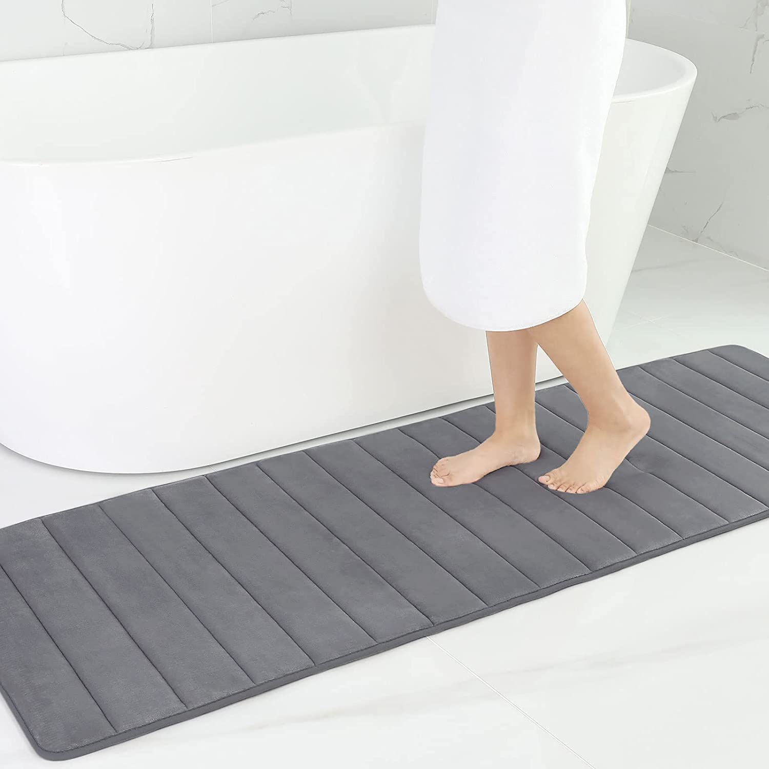 smiry Memory Foam Bath Mat, 60 x 180 cm, Extra Soft Large Bathroom Mat Runner, Super Absorbent Non-Slip Bath Mats for Bathroom Floor Long Machine-Washable Dry Bath Rug Foot Mat, Dark Grey