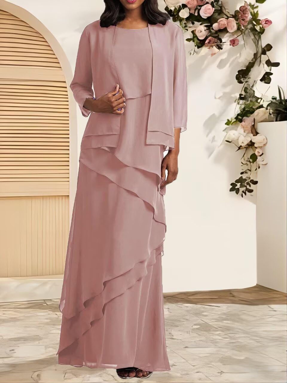 Mother of Bride Dresses with Jacket 2-Pieces Long Mother of The Groom Dress Ruffle Chiffon Formal Evening Gowns - Image 3
