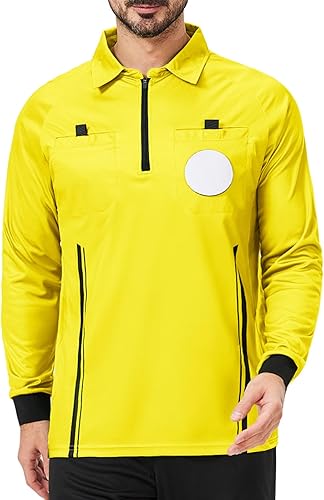 Miniatura 7 de CUTIEHON Camiseta de árbitro de fútbol, camiseta oficial de árbitro de fútbol profesional de manga larga, con un soporte para insignia y bolsillos