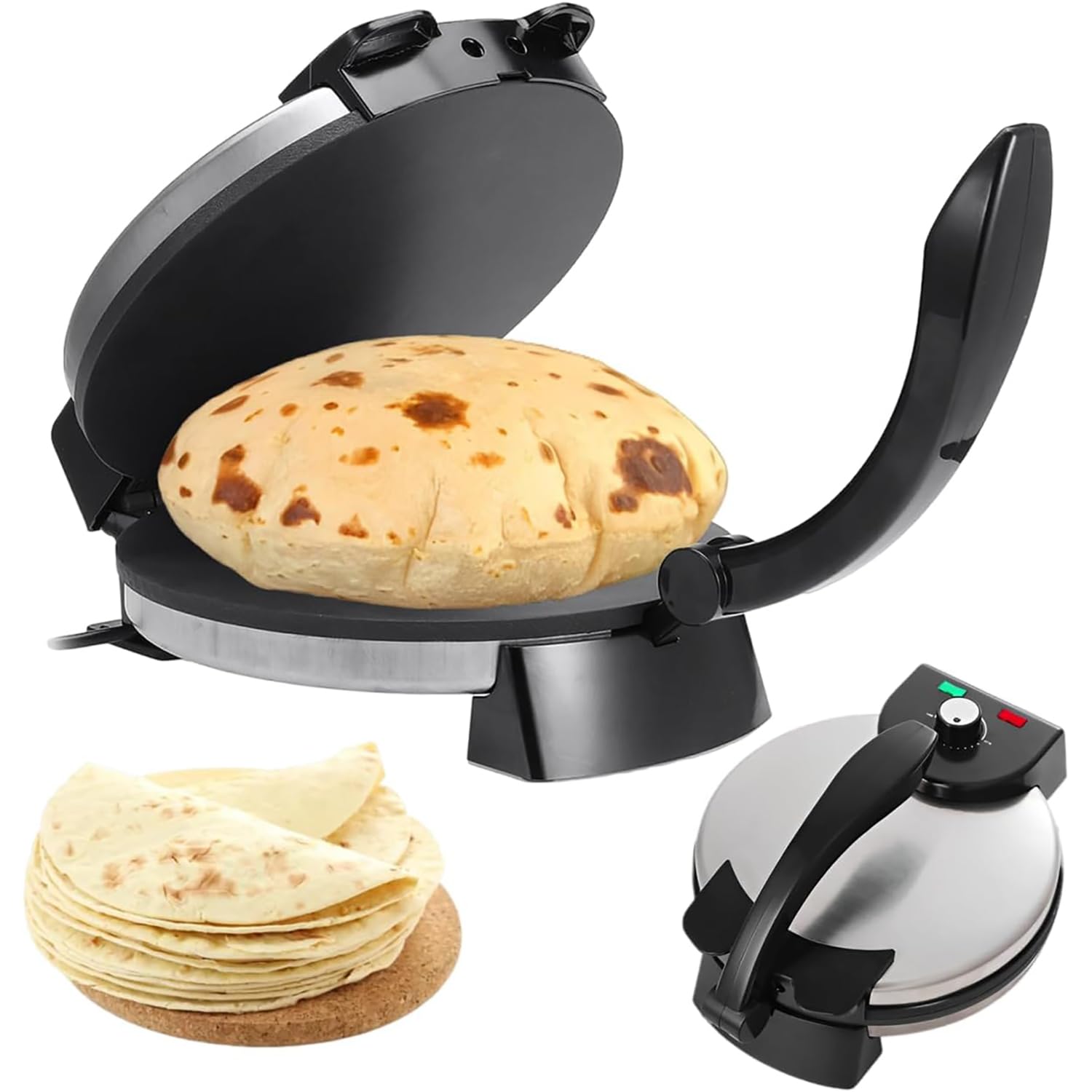 Machine à crêpes électrique Roti Maker Chapati Maker 1800 W, Machine à Tortilla antiadhésive de 10 Pouces, poignée Anti-brûlure et voyants Lumineux, Machine à crêpes à température réglable