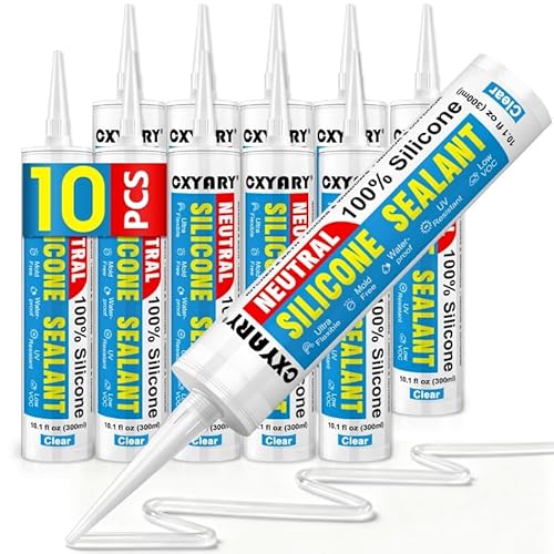 Silicone Caulk & Sealant Clear, 10 Pack - 100% Waterproof Silicone Sealant, Silicone Caulking for Kitchen and Bathroom, Toilet, Sink, Window & Door Use, Shrink & Crack Proof (10.1 FL.OZ/300ml)