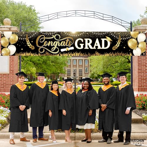 Image of Graduation Decorations 2026 | Xtralarge Black and Gold Congrats Grad Banner - 120x20 Inch | Graduation Banner | Black and Gold Graduation Yard Banner For Class Of 2026 | KatchOn