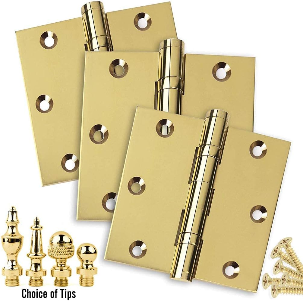 3 Pack - 3.5 x 3.5 Solid Brass Ball Bearing Hinges - Polished Brass (US3) with Urn Tips