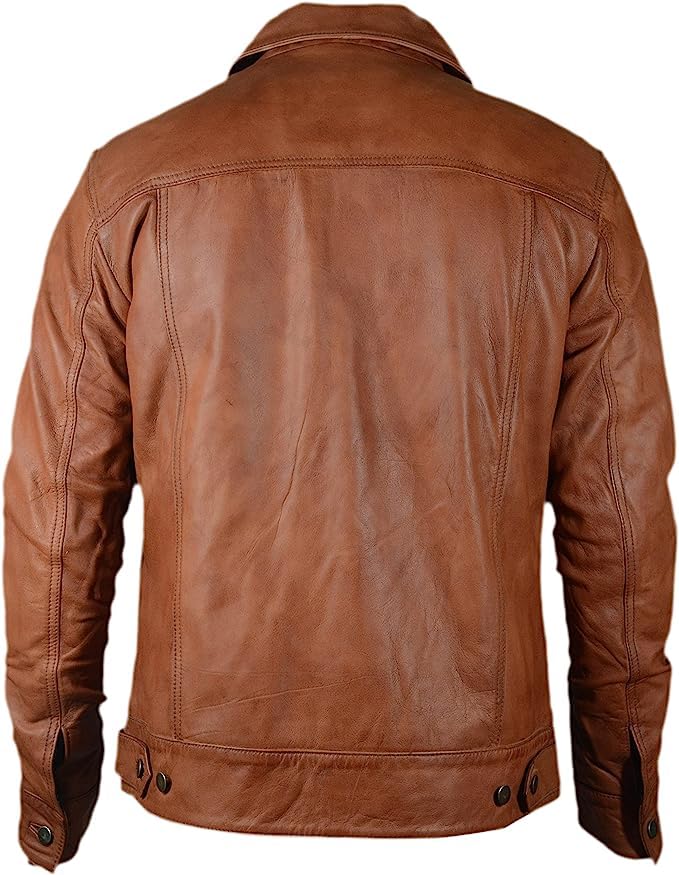 Vintage Slim Fit Trucker Leather Jacket - Genuine Lambskin - Classic Man Leather Jacket3