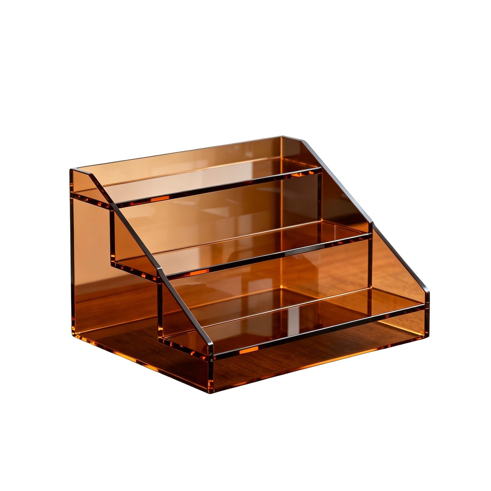LYFHYSDSP 3 Tier Slanted Acrylic Display Stand, Clear Tiered Countertop Organizer, Scratch Impact Resistant Stable Display Holder for Coffee Bar Kitchen Tea Room Retail(Brown,30cm/11.8in)