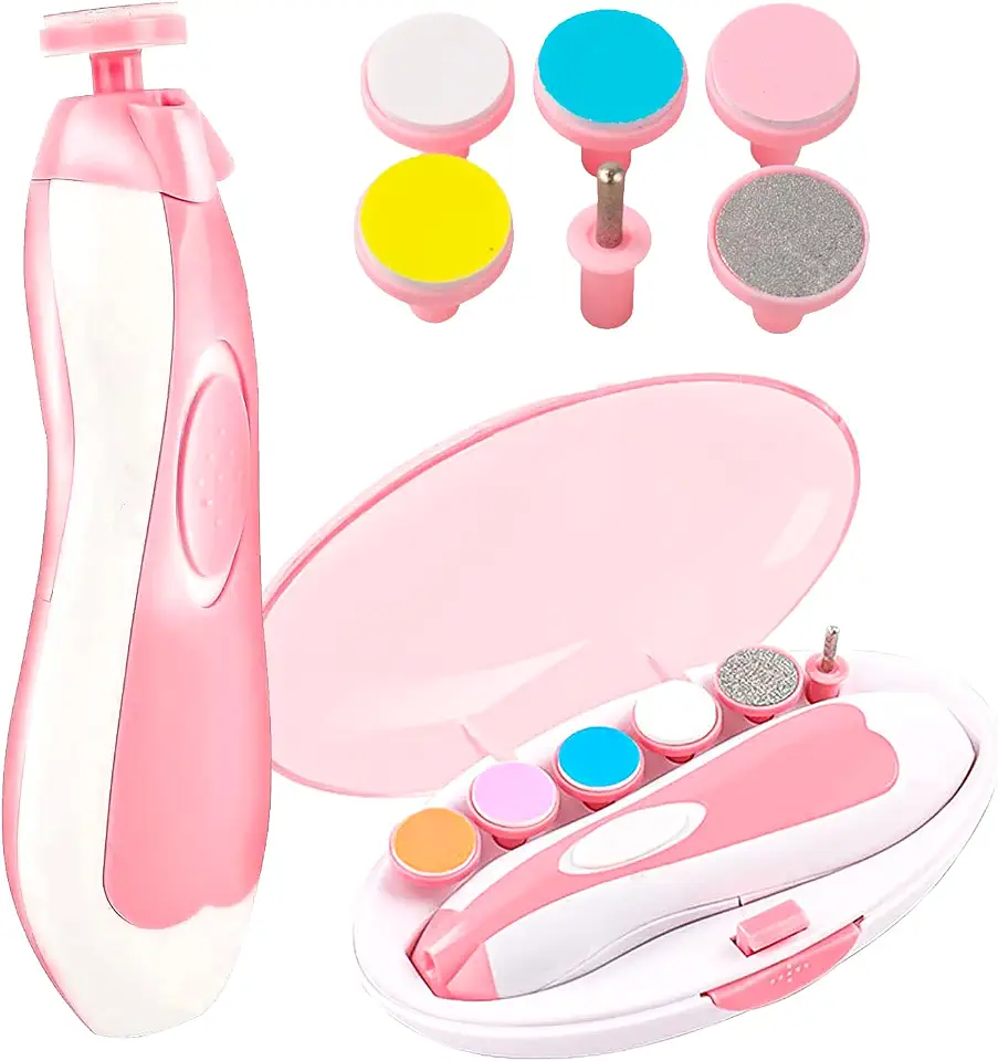 Cortador Aparador Lixa Unha Bebê Recém Nascido Elétrico Seguro Silencioso Luz Led Diversas Idades Kit Completo Rosa
