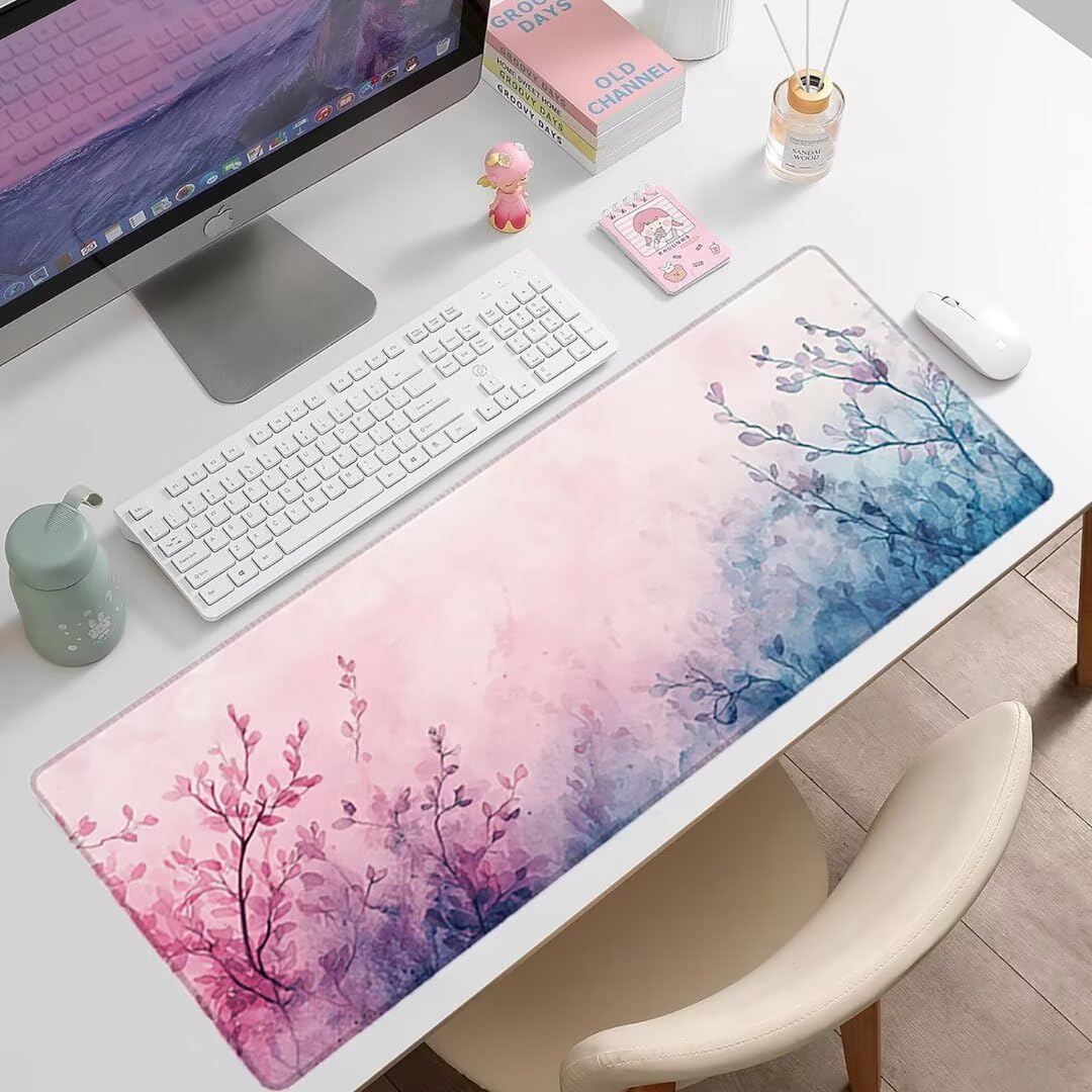 Podkładka pod mysz XXL Flower - 1600x800x3mm - różowa duża mata na biurko z przeszytymi krawędziami i antypoślizgowa wodoodporna do komputera, laptopa poprawia precyzję i szybkość. -36784