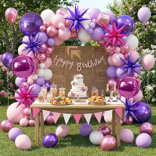 Image of 6pcs 22 Inch Hot Pink Purple Star Balloons And 4d Large Foil Balloons, Hot Pink Foil Star Spike Balloon Purple 4d Ball Balloon For Girls Women Birthday Baby Shower Party Wedding Anniversary Decoration