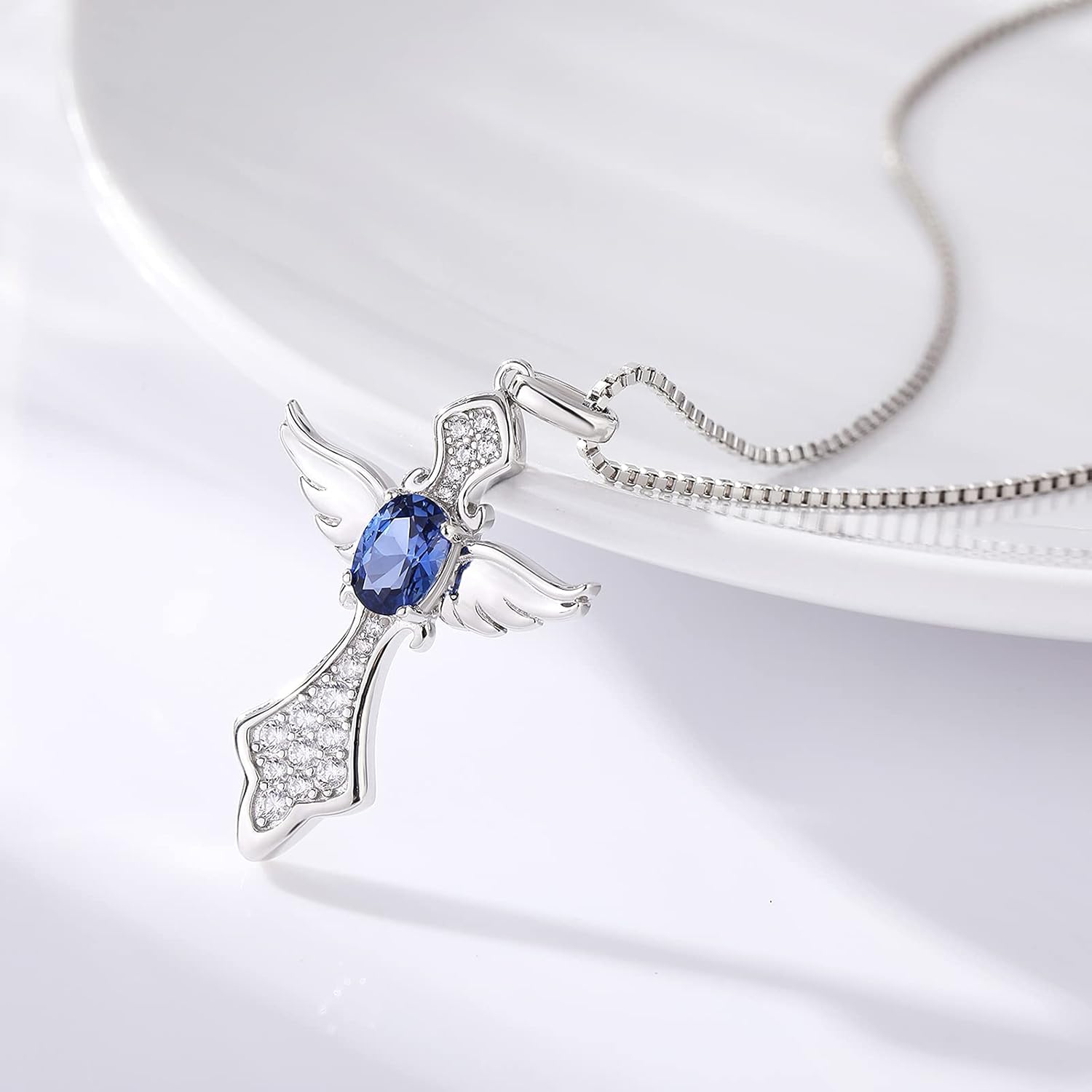 Angel Wing Cross Necklace for Women 925 Sterling Silver Gemstone Pendant Birthstone Religious Jewelry for Mom,Chain 18inch - Image 4