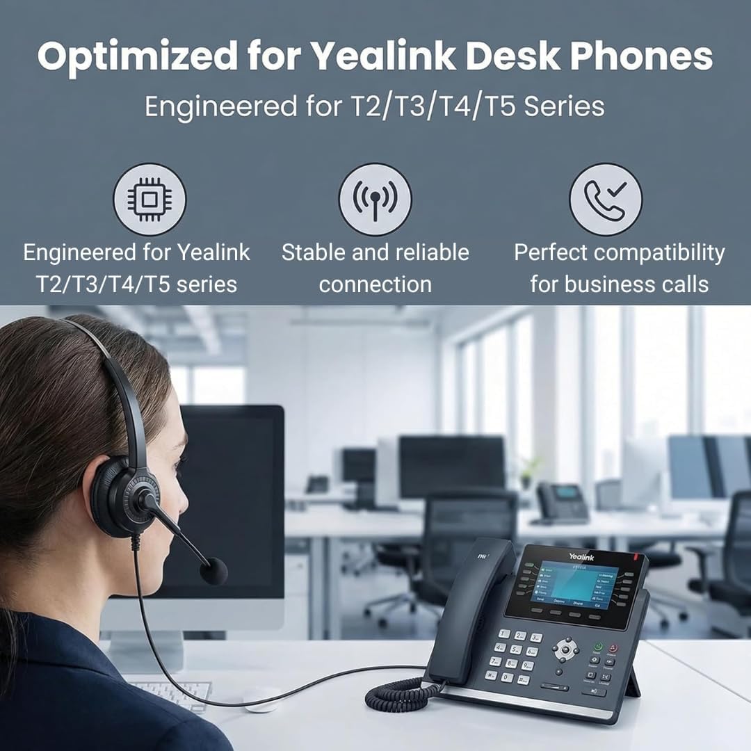 Phone Headset Compatible with Yealink Office Desk Phones T2x T3x T4x T5x MP VP Series with RJ9 Connector, Telephone Headsets with Noise-Canceling Mic for Call Center/Home/Business