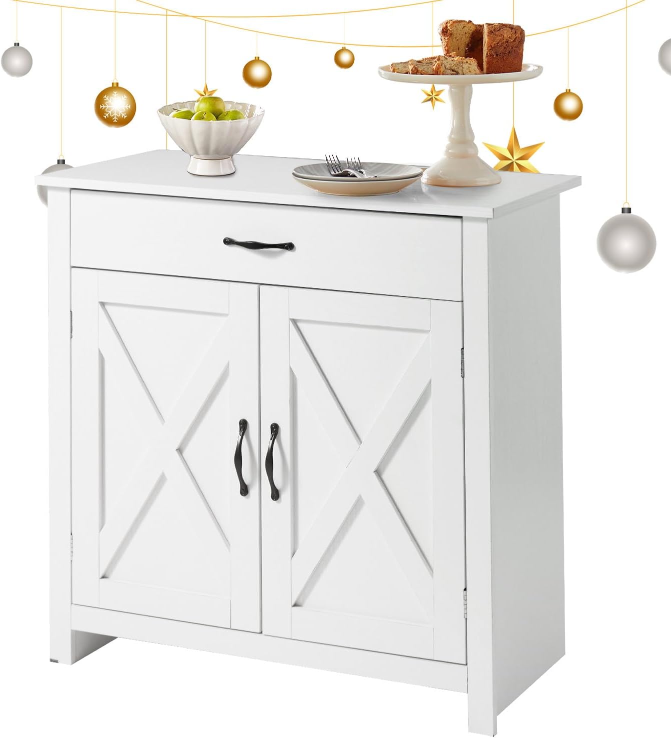 Buffet Sideboard with Doors, Modern Farmhouse Kitchen Storage Cabinet with Drawer and Adjustable Shelf, Coffee Bar for Kitchen, Dining Room, Bathroom, Entryway, White