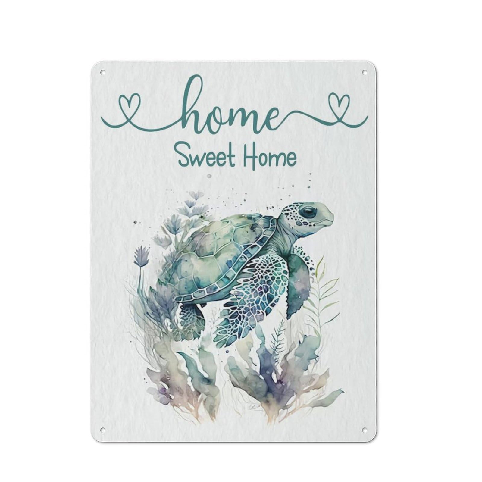Rustic Metal Tin Sign, Sea Turtle Home Sweet Home Nautical Wall Art, Bedroom Office Bathroom Decor 12x8 Inch