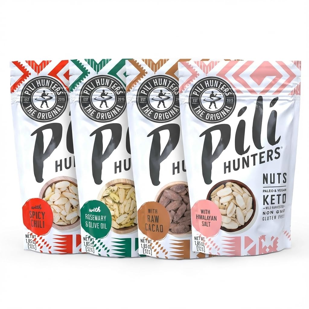 Pili Hunters - The Original Wild Sprouted Pili Nuts (1.85oz Bags, 4-Pack) Variety Pack (Coconut Oil, Raw Cacao, Rosemary with Olive oil, Himalayan Salt) Keto/Paleo/Vegan Snacks