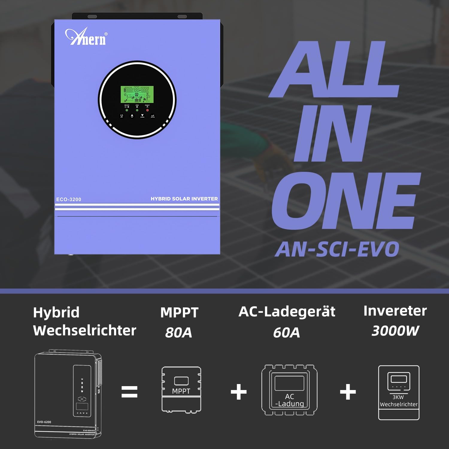 Anern 3200W Hybrid Solar Wechselrichter 24Vdc zu AC 230V mit 120A MPPT, PV 60-500VDC Off Grid Reine Sinus Welle Solar Wechselrichter Für Bleisäure- und Lithium-Batterien