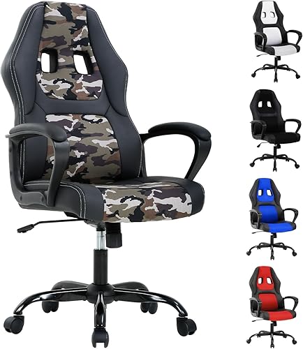 Silla para videojuegos Camo para niños y adultos, silla de oficina ergonómica con respaldo alto ajustable y apoyabrazos, silla de juego de piel