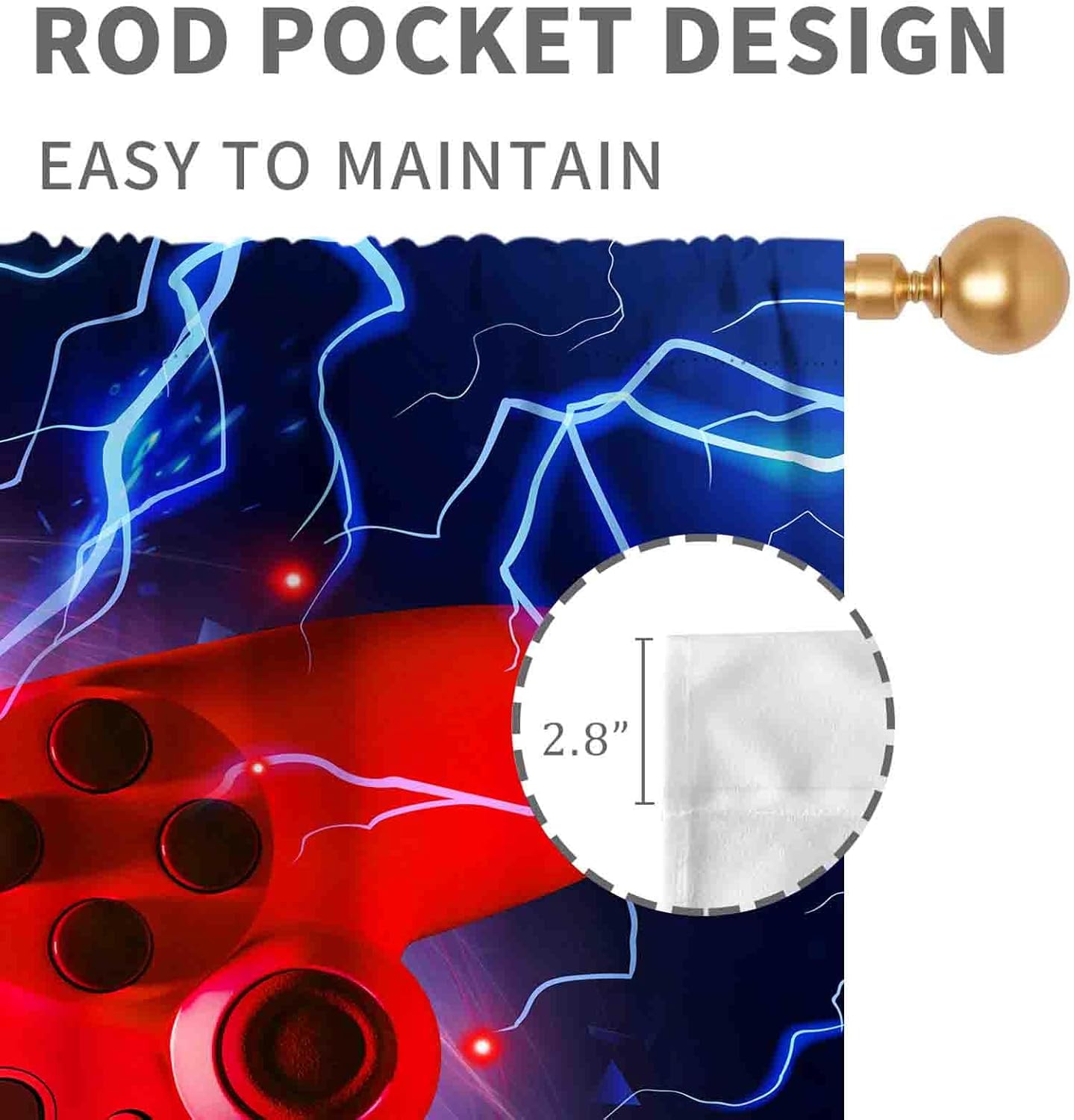 Gaming Curtains for Boys Room, Cooling Blue Red Flash Game Controller Gamer Window Drapes for Boys Kids Teens Living Room Bedroom Playroom Decor Gamepad Video Game Room 2 Panels, 42"x54" Inch