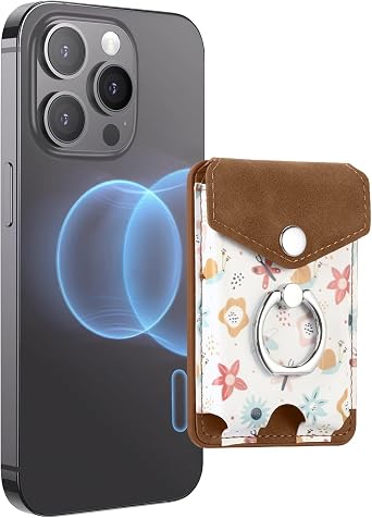 for MagSafe Wallet, Printed Leather Magnetic Phone Wallet with Ring Holder, Compatible with iPhone 15/14/13/12 Series, 3 Card Holder Brown